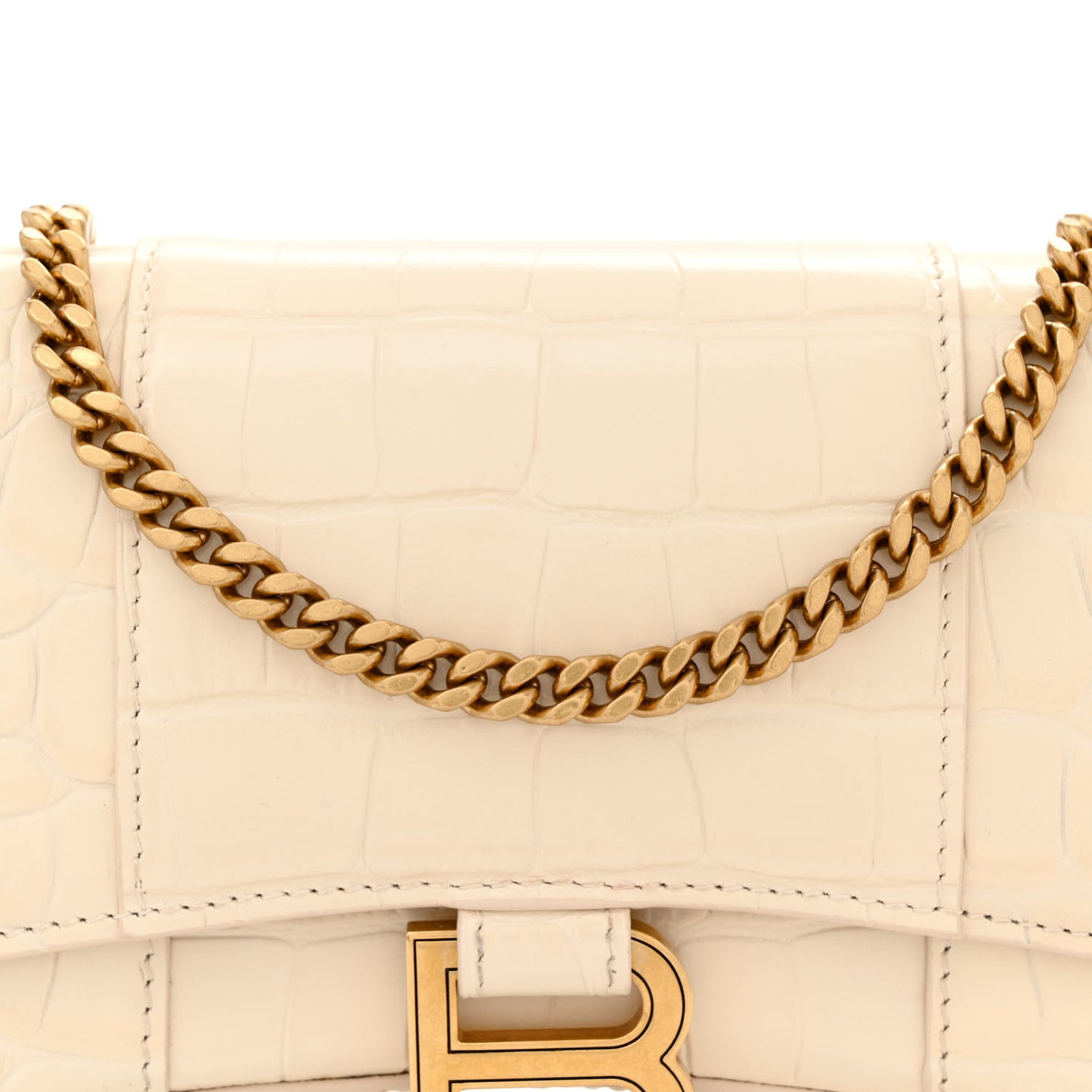 Shiny Calfskin Crocodile Embossed Hourglass Chain Bag Cream
