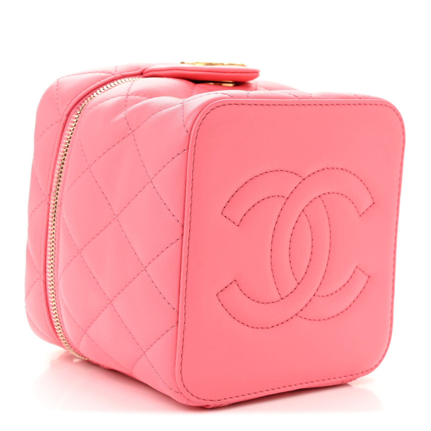 Calfskin Quilted Small Vanity Case With Chain Coral Pink