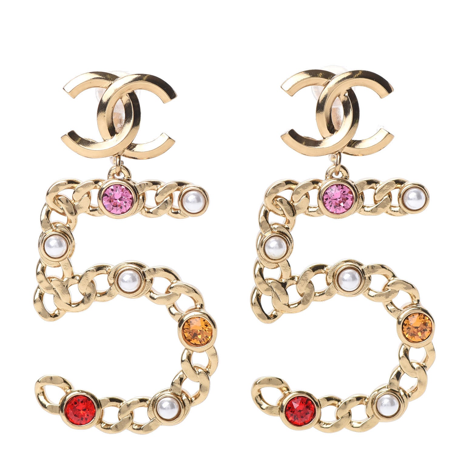 Chanel Pearl Crystal Chain CC No 5 Drop Earrings Gold Pink Red Orange 1 of 5