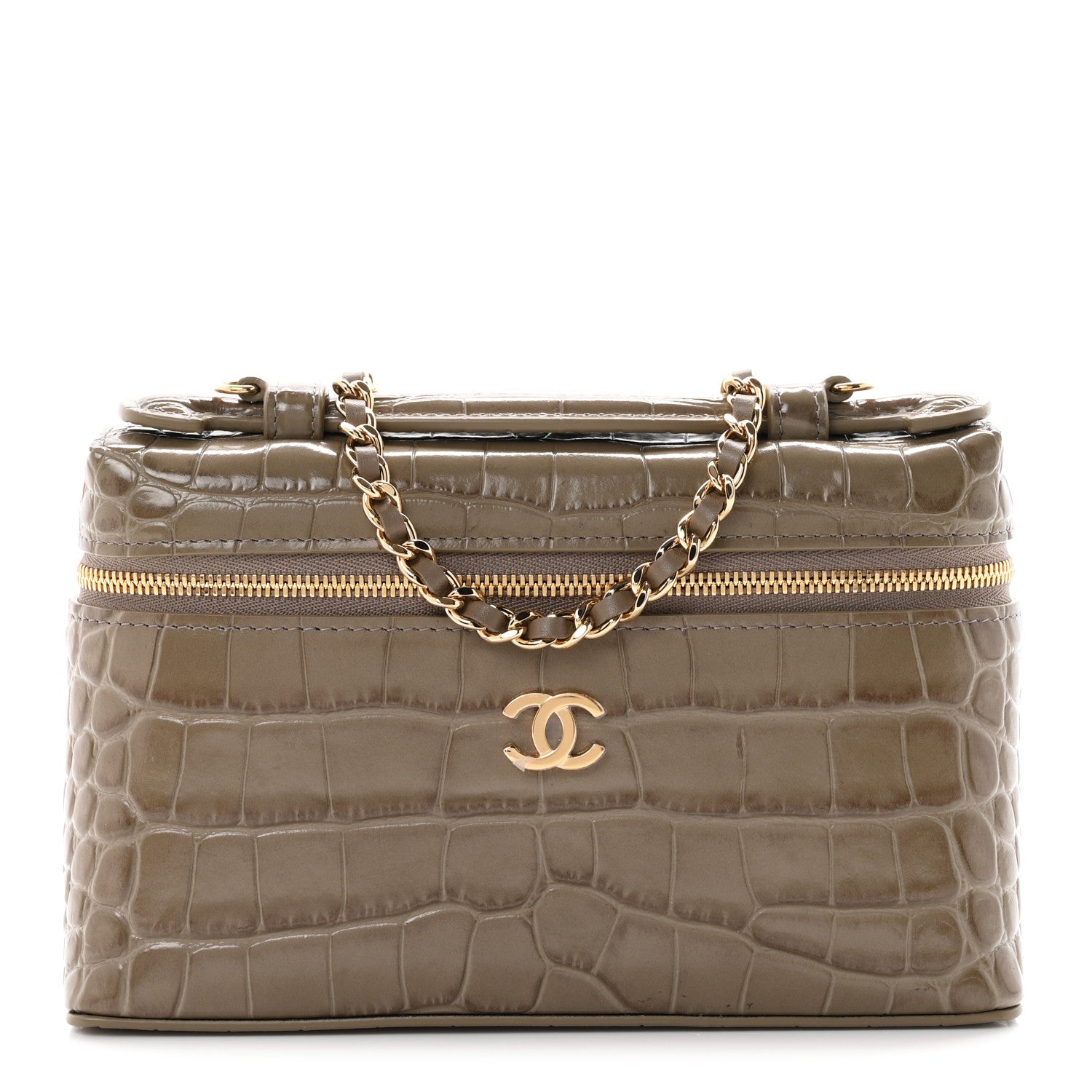 Chanel Calfskin Crocodile Embossed Top Handle Trapeze Small Vanity Case With Chain Dark Khaki 1 of 10
