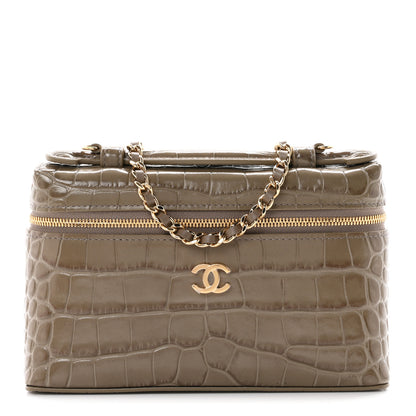 Chanel Calfskin Crocodile Embossed Top Handle Trapeze Small Vanity Case With Chain Dark Khaki 1 of 10