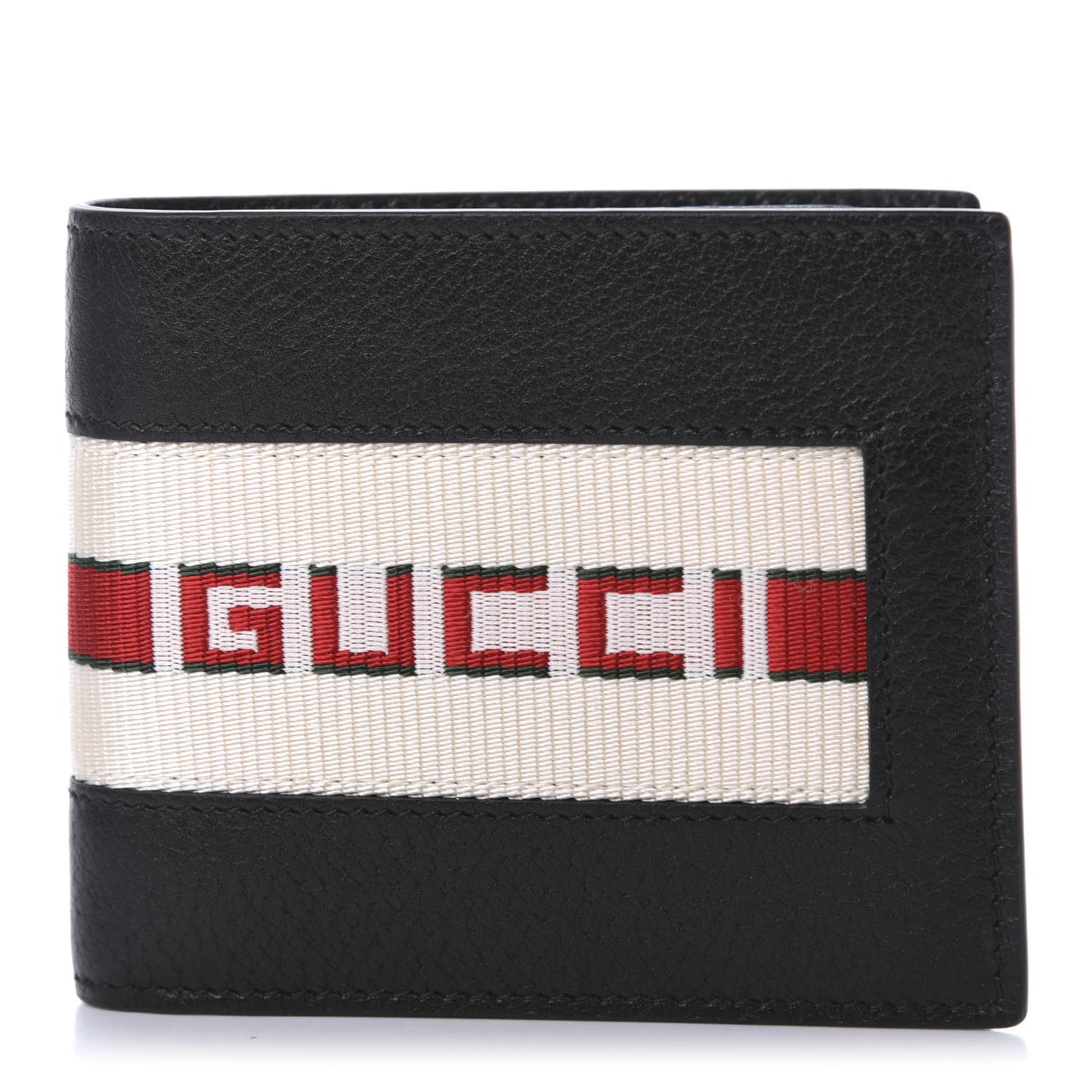 Textured Dollar Calfskin Nylon Gucci Stripe New Web Bi-Fold Wallet Black Ecru Verde Rosso
