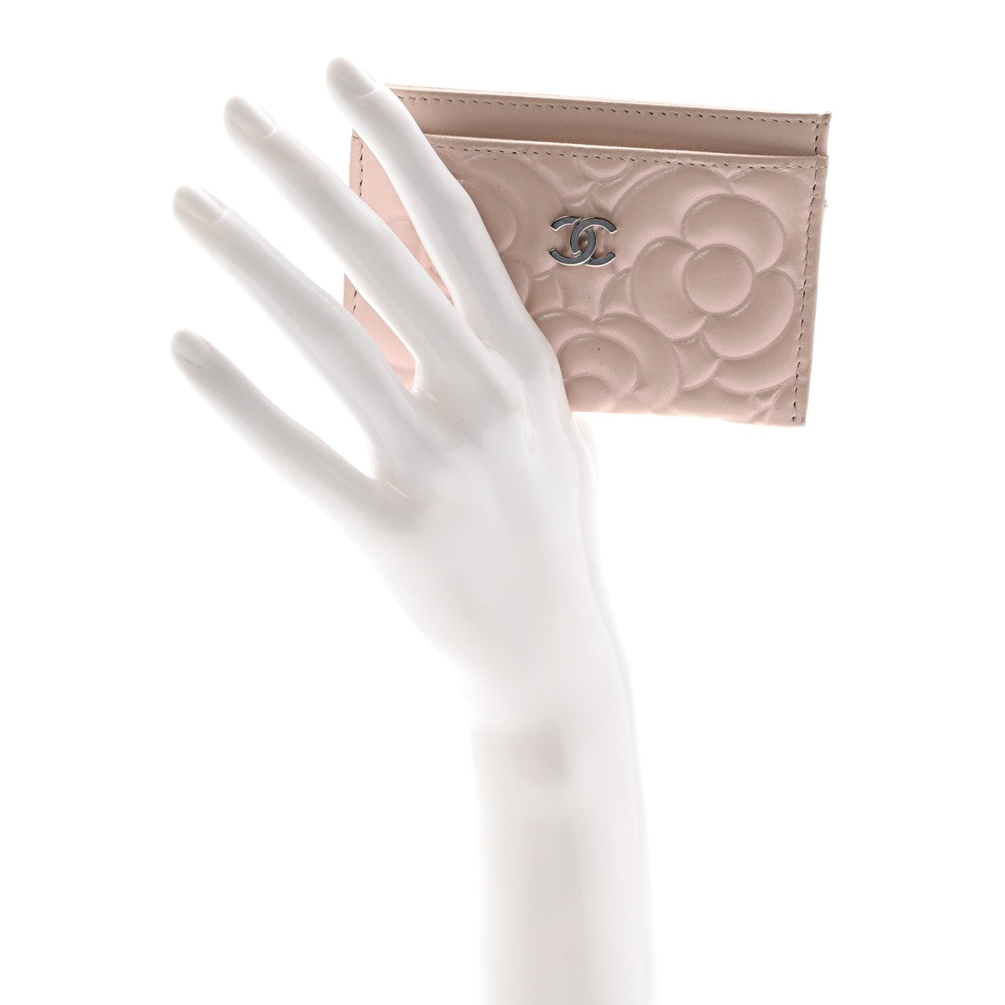 Iridescent Lambskin Camellia Embossed Card Holder Light Pink