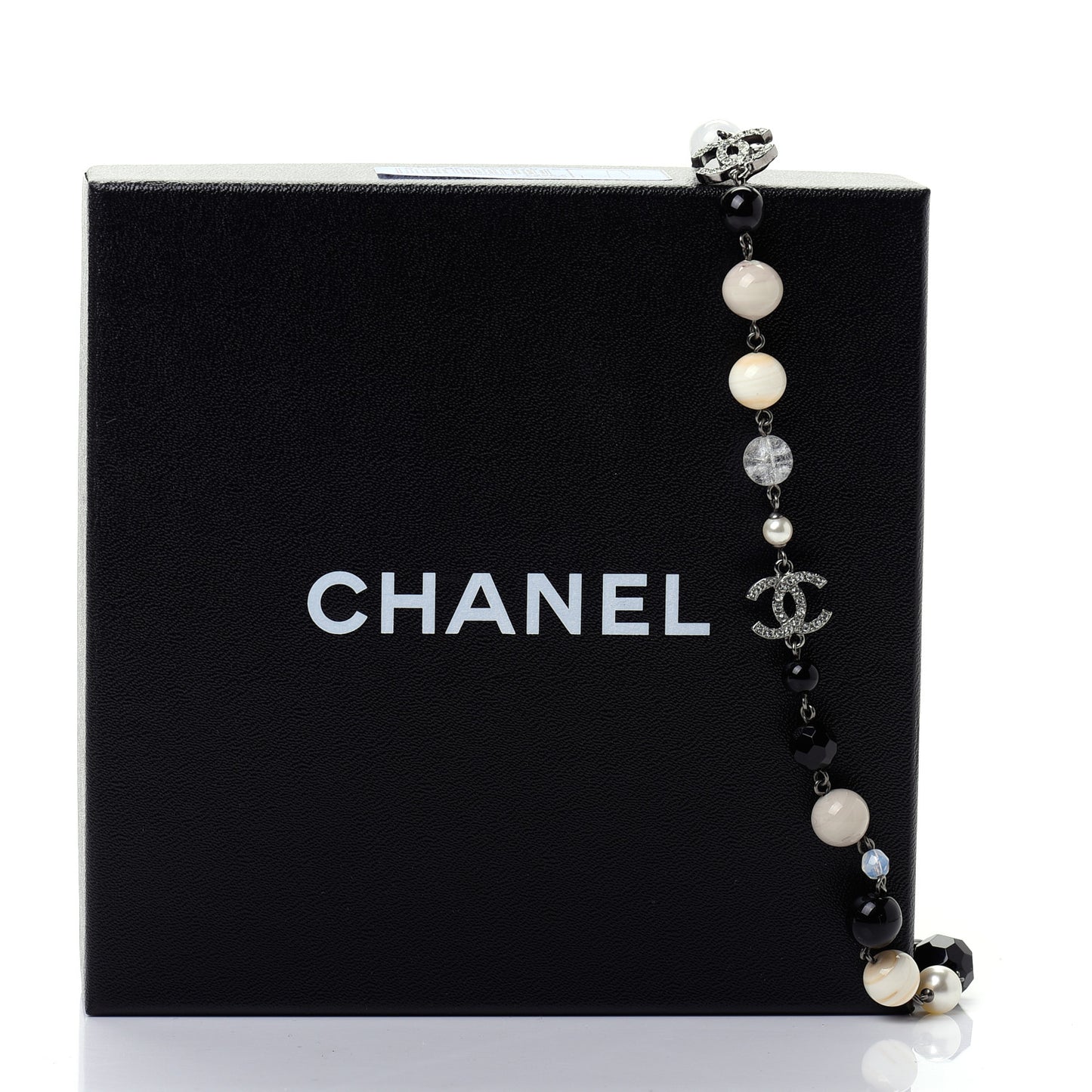 Pearl Crystal Bead CC Long Necklace Black Silver
