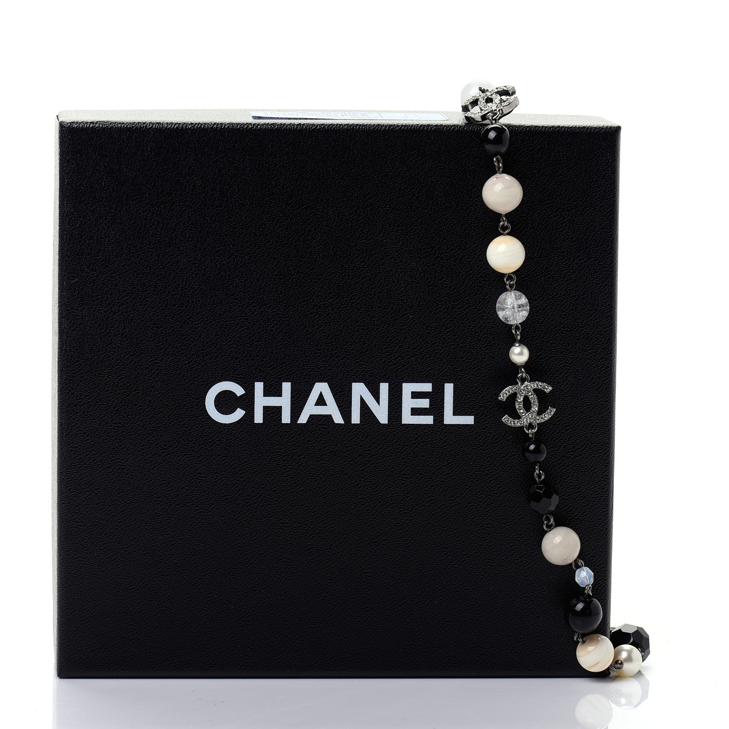Chanel Pearl Crystal Bead CC Long Necklace Black Silver 6 of 6