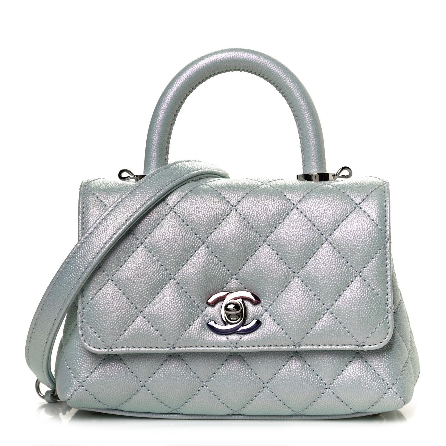 Iridescent Caviar Quilted Extra Mini Coco Handle Flap Light Blue