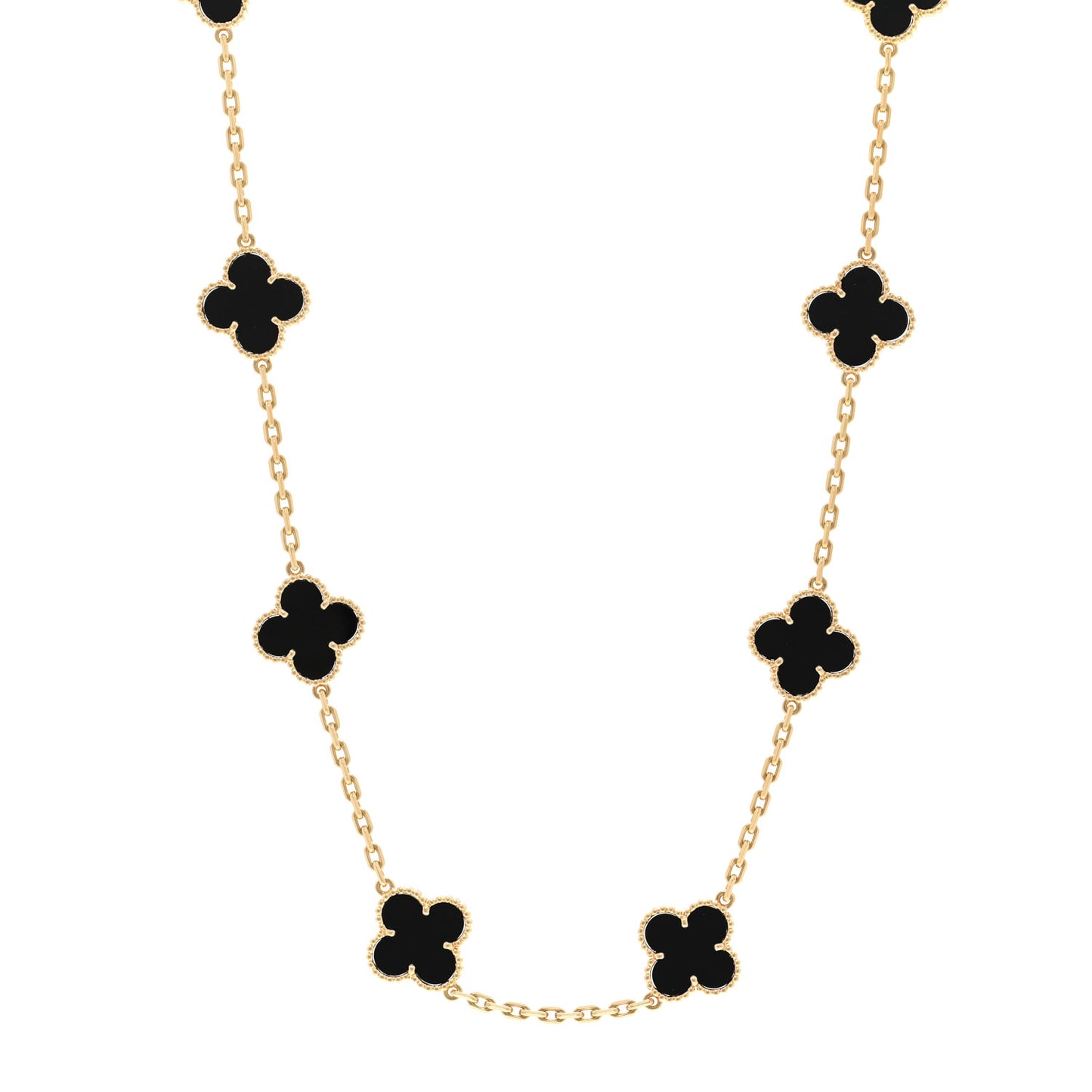 18K Yellow Gold Black Onyx 10 Motifs Vintage Alhambra Necklace