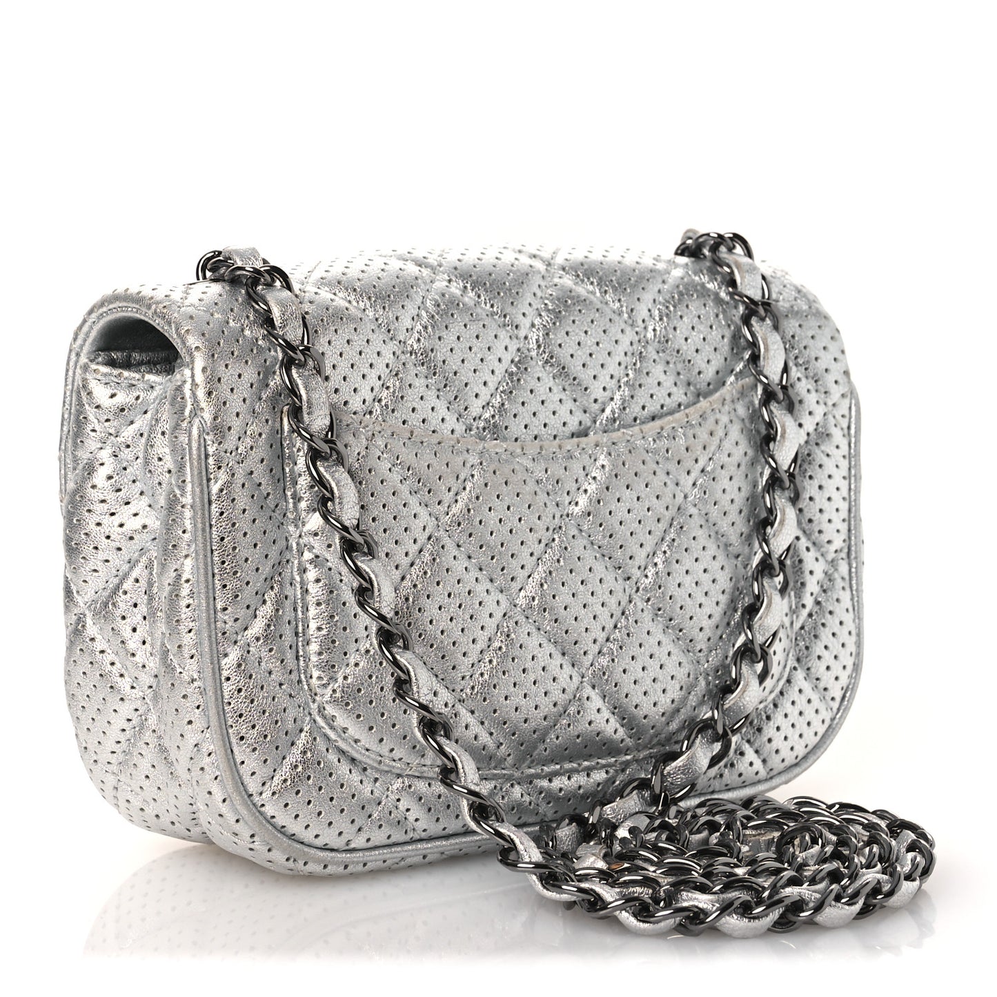 Metallic Lambskin Perforated Mini Rectangular Flap Silver