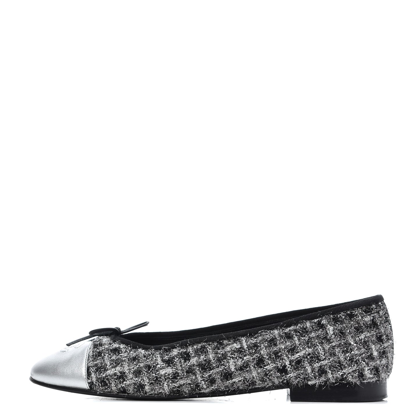Metallic Tweed Lambskin Cap Toe Ballerina Flats 41 Black Silver