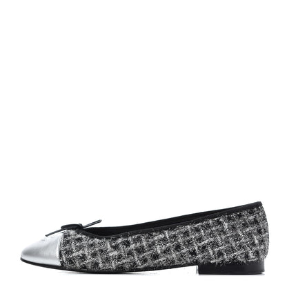 Chanel Metallic Tweed Lambskin Cap Toe Ballerina Flats 41 Black Silver 1 of 15