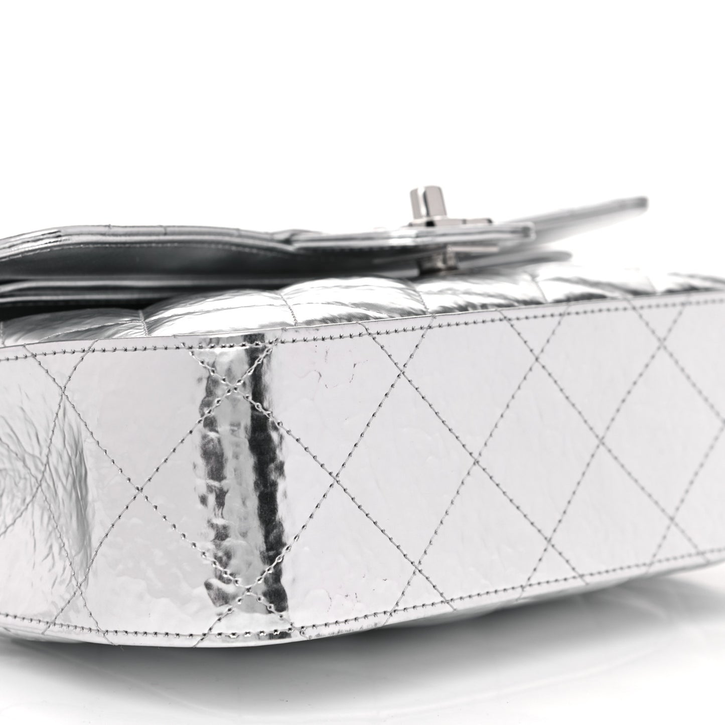 Hammered Metallic Calfskin Quilted Small Double Flap Silver