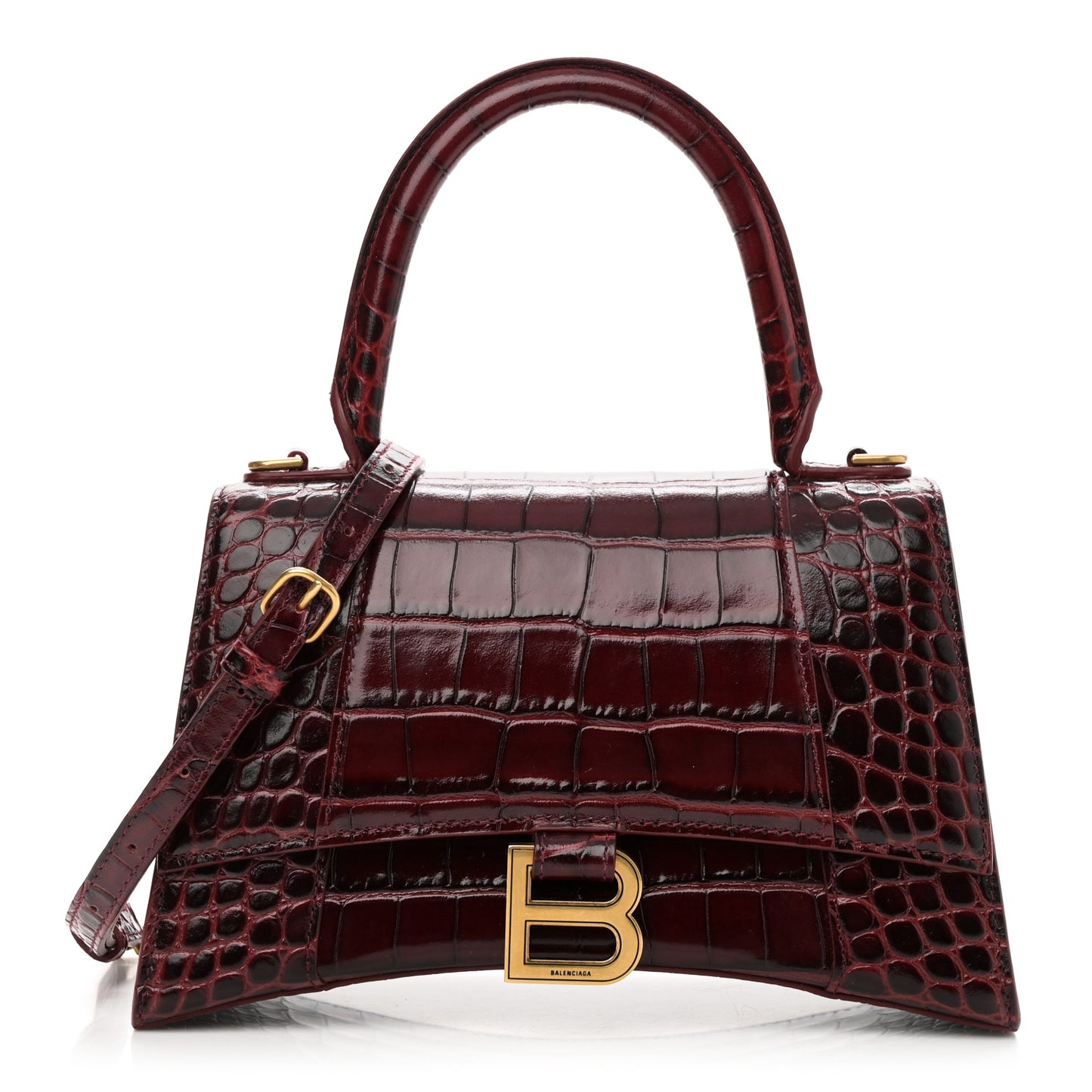 Shiny Calfskin Crocodile Embossed Small Hourglass Top Handle Bag Dark Red
