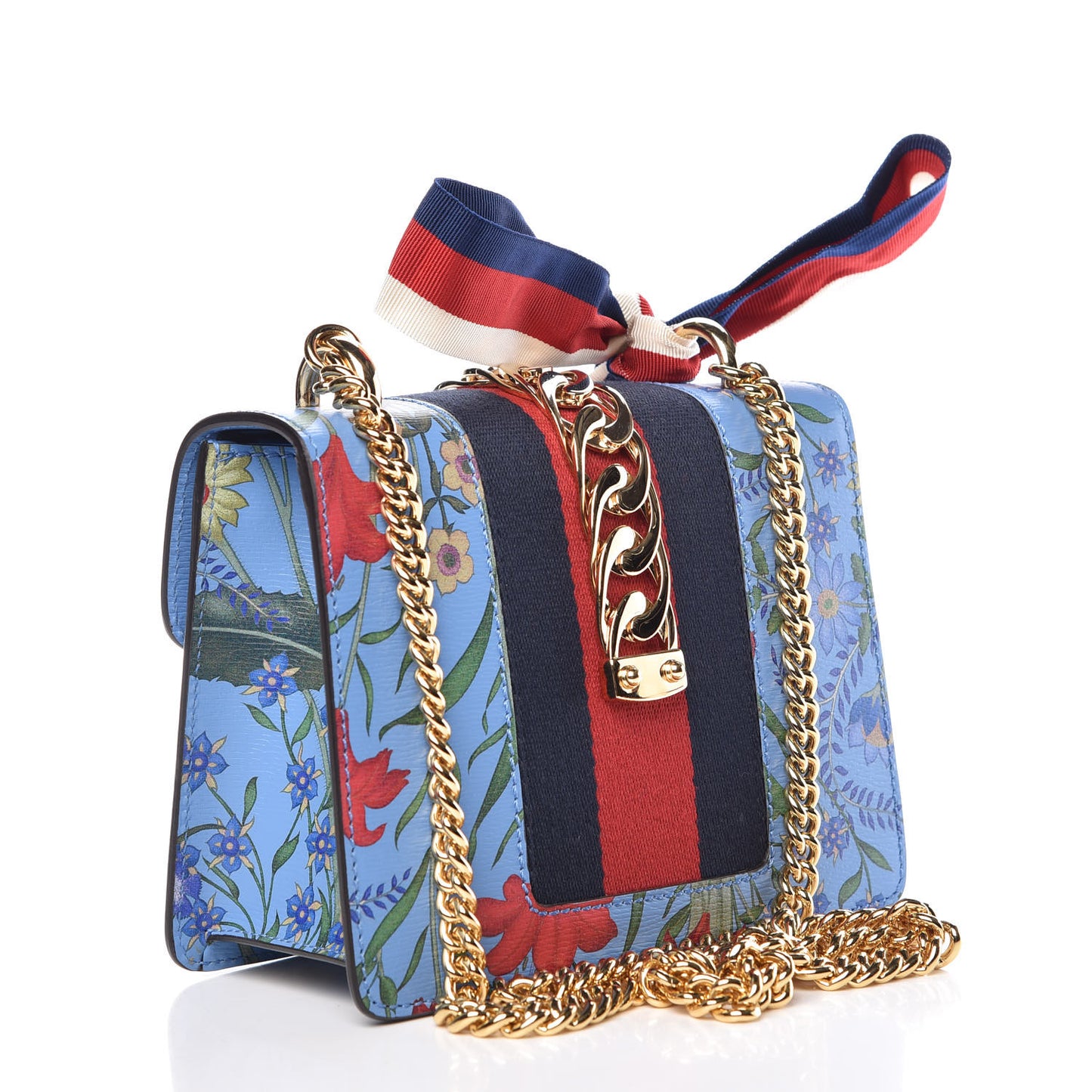 Shangai Calfskin Web New Flora Mini Sylvie Chain Shoulder Bag Azure