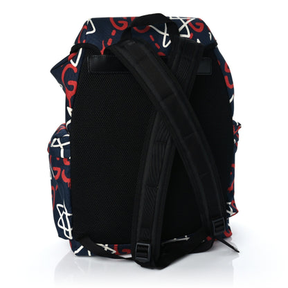 Gucci Techno Canvas GucciGhost Double Buckle Backpack Blue Agata Hibiscus Red 3 of 9