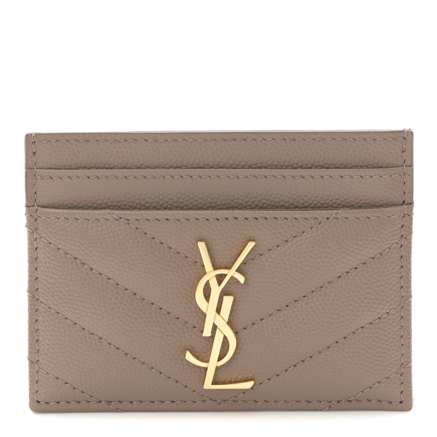Saint Laurent Grain De Poudre Matelasse Chevron Monogram Credit Card Case Taupe 1 of 8
