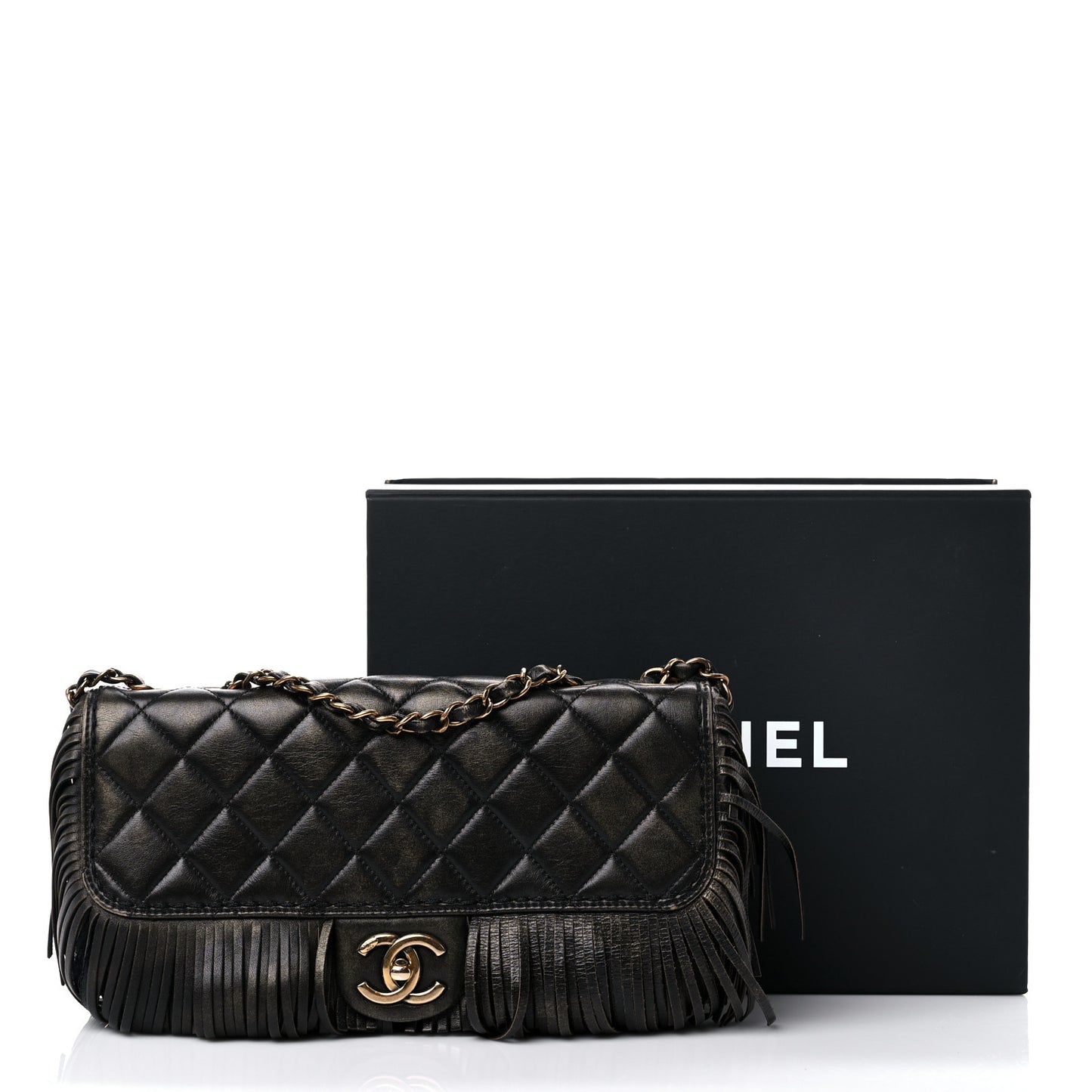 Metallic Calfskin Quilted Large Into The Fringe Flap Black