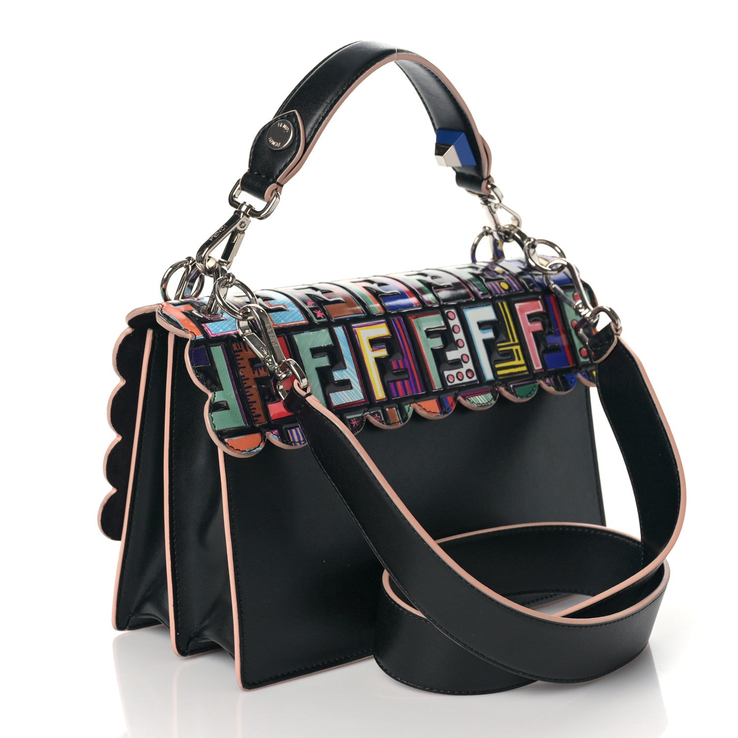 Fendi Vitello Liberty Fun Fair Embossed Scalloped Kan I Shoulder Bag Black Multicolor 2 of 7