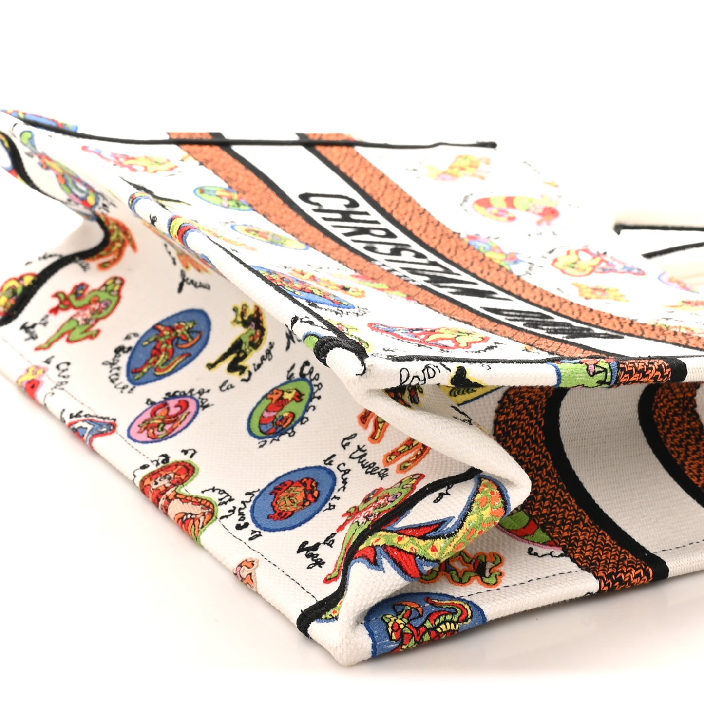 Canvas Embroidered Dragon Zodiac Medium Book Tote White Multicolor