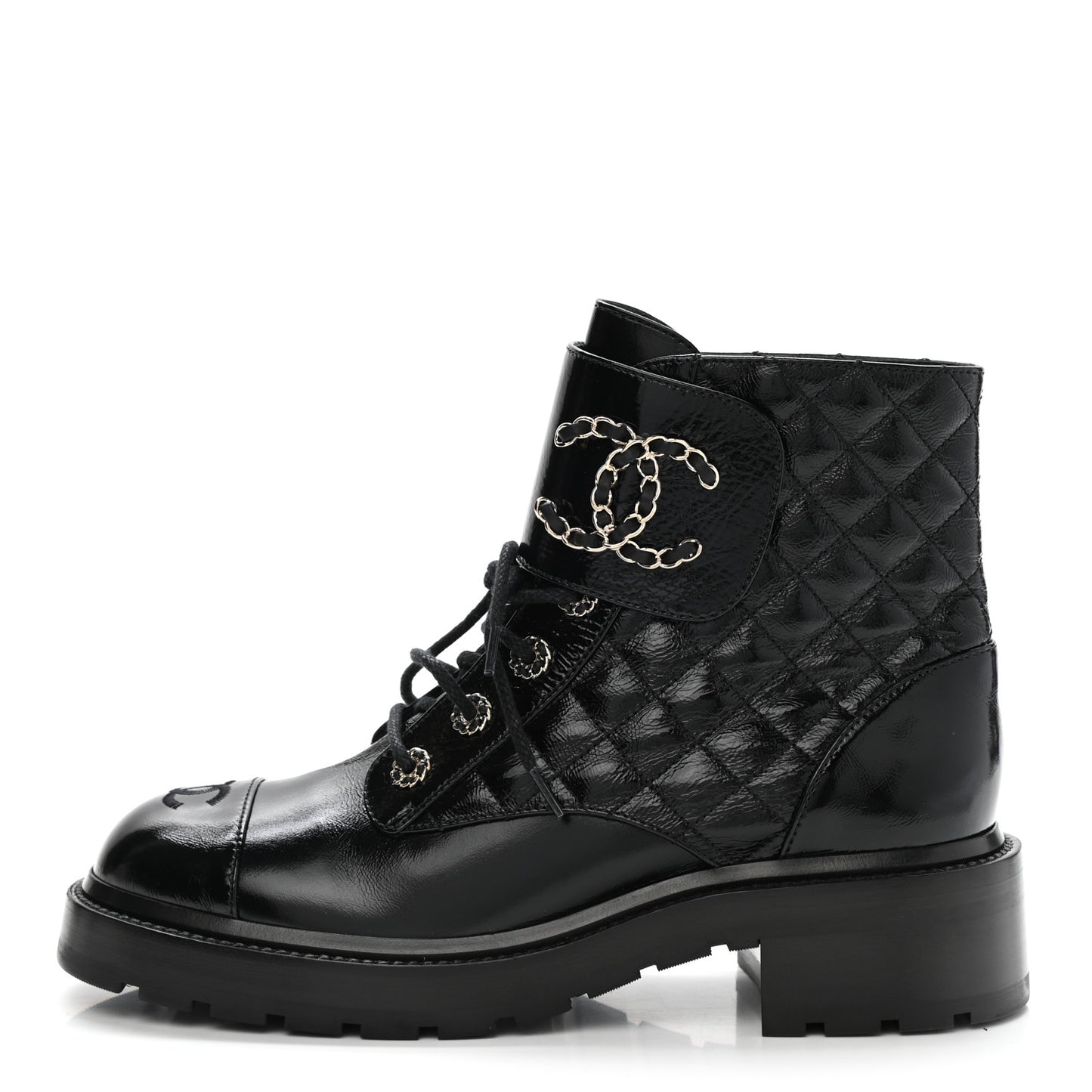 Shiny Calfskin Quilted Lace Up Combat Boots 40.5 Black
