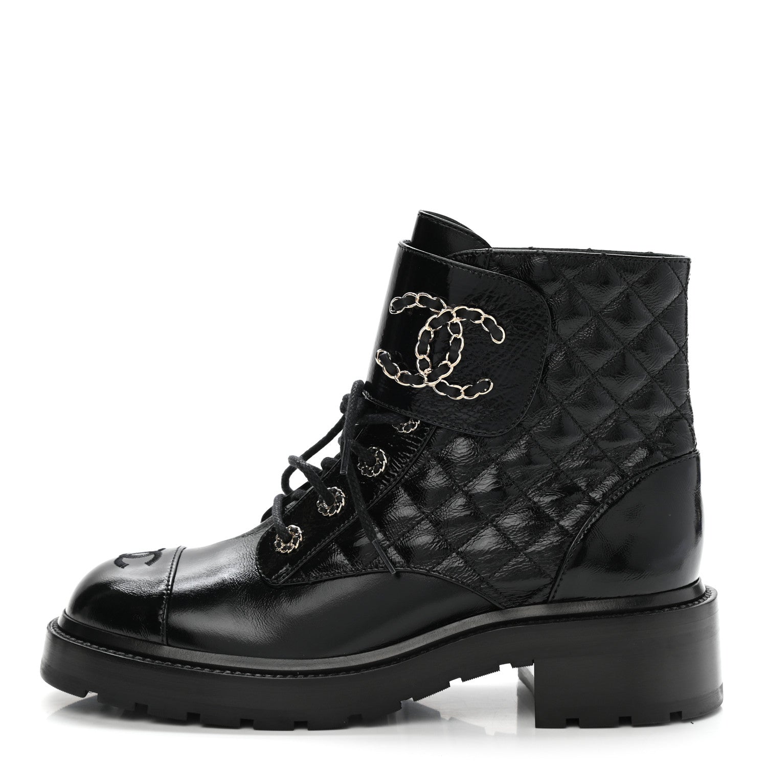 Chanel Shiny Calfskin Quilted Lace Up Combat Boots 40.5 Black 1 of 9