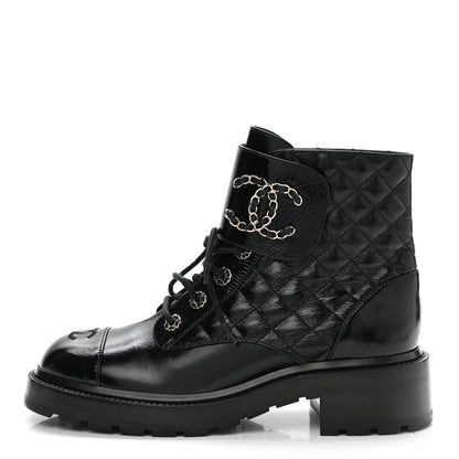 Chanel Shiny Calfskin Quilted Lace Up Combat Boots 40.5 Black 1 of 9