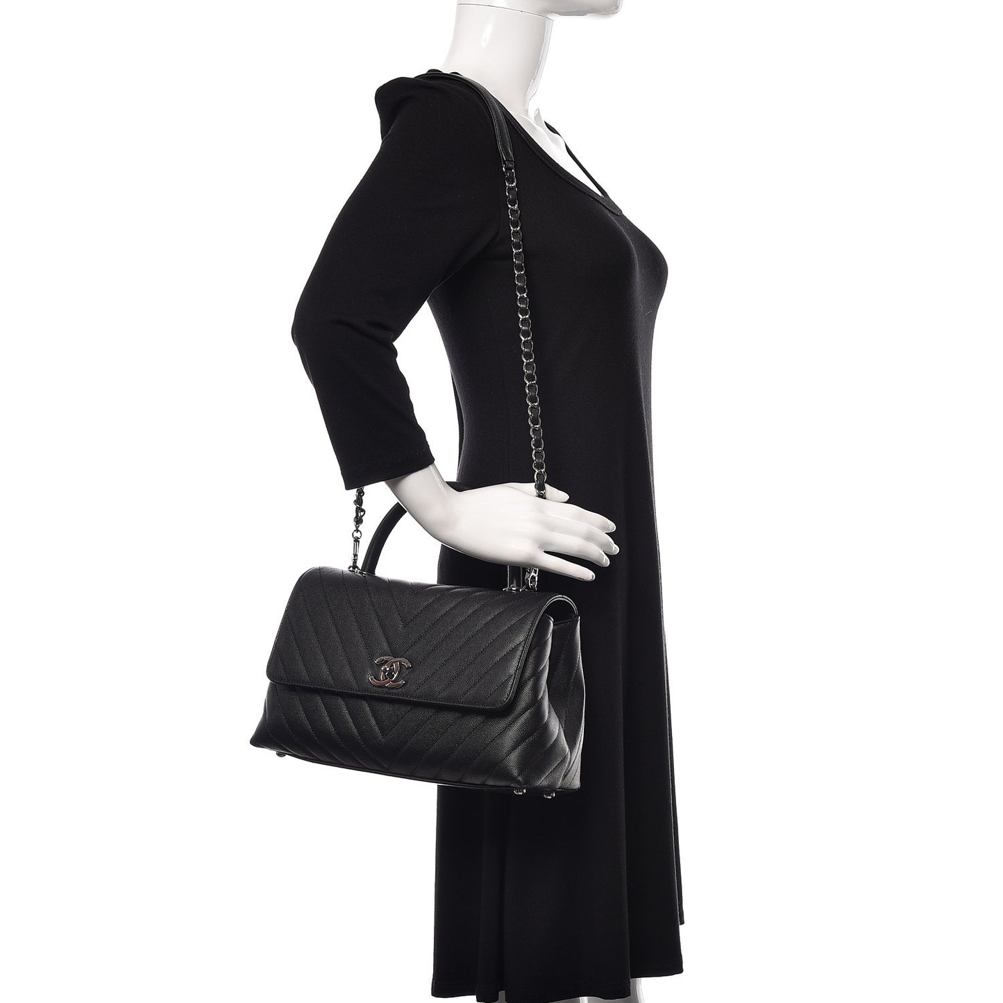 Caviar Chevron Quilted Small Coco Handle Flap Black