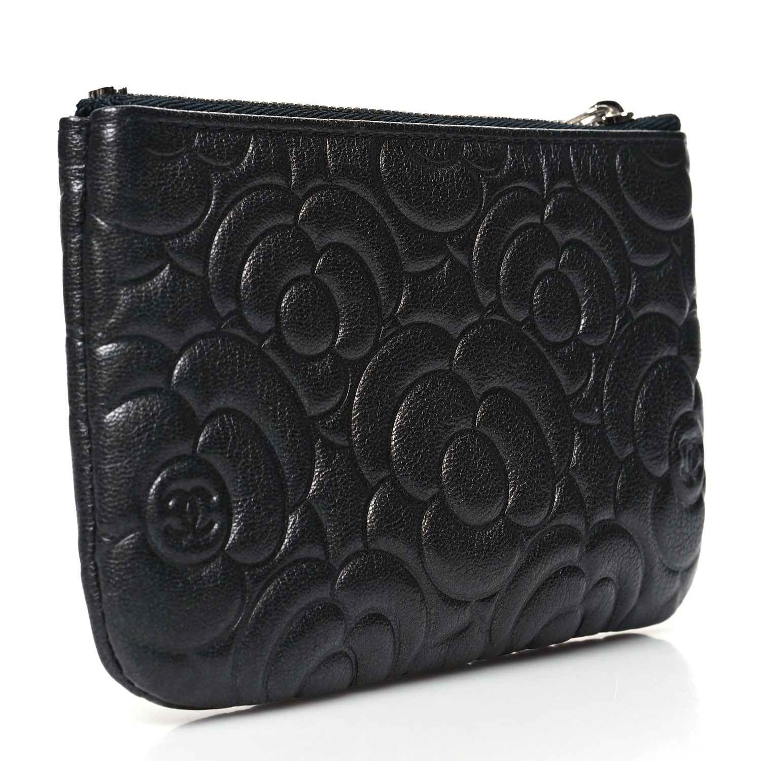 Chanel Goatskin Camellia Embossed Cosmetic Pouch Anthracite 3 of 11