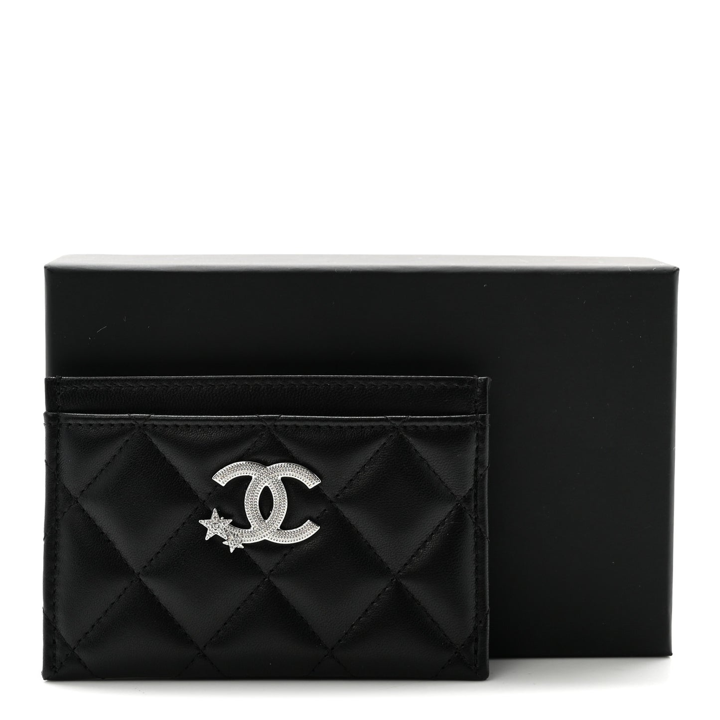 Lambskin Crystal Quilted Studded CC Card Holder Black