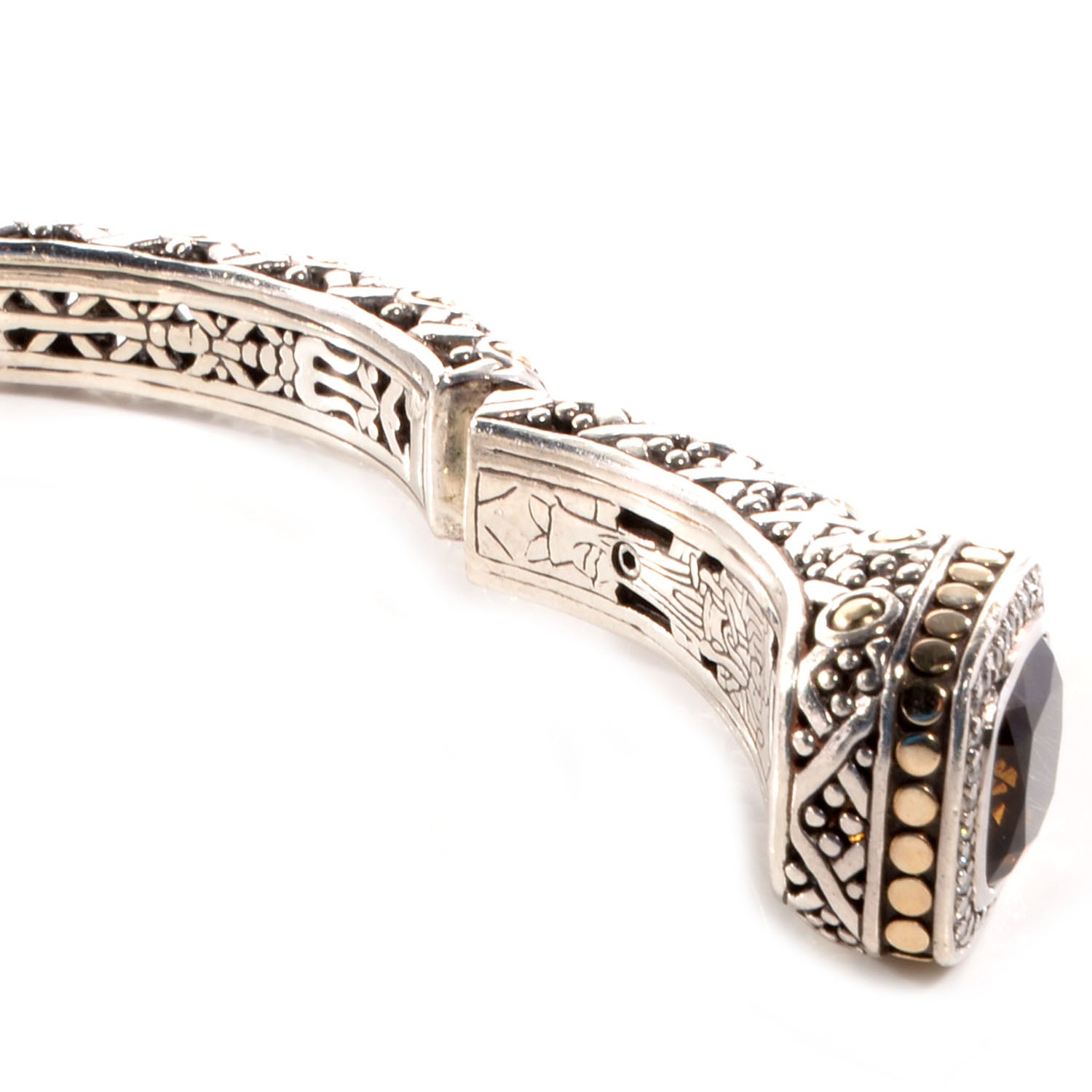 John Hardy Sterling Silver 18K Yellow Gold Diamond Smoky Quartz Jaisalmer Cuff Bracelet 5 of 5