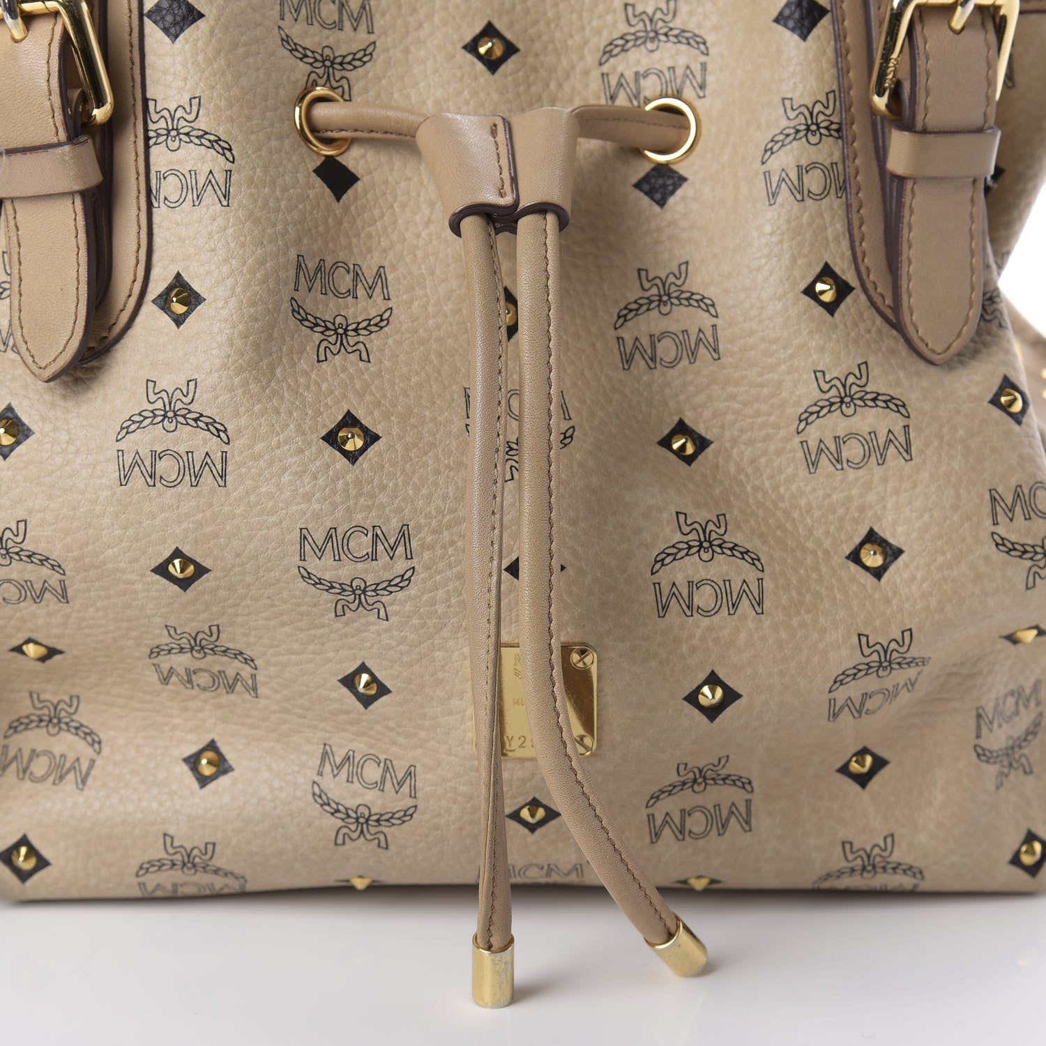 MCM Visetos Studded Drawstring Bucket Bag Beige 13 of 14