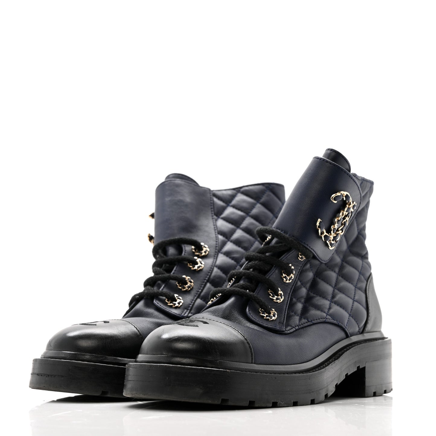 Shiny Lambskin Quilted Lace Up Combat Boots 36.5 Navy Black