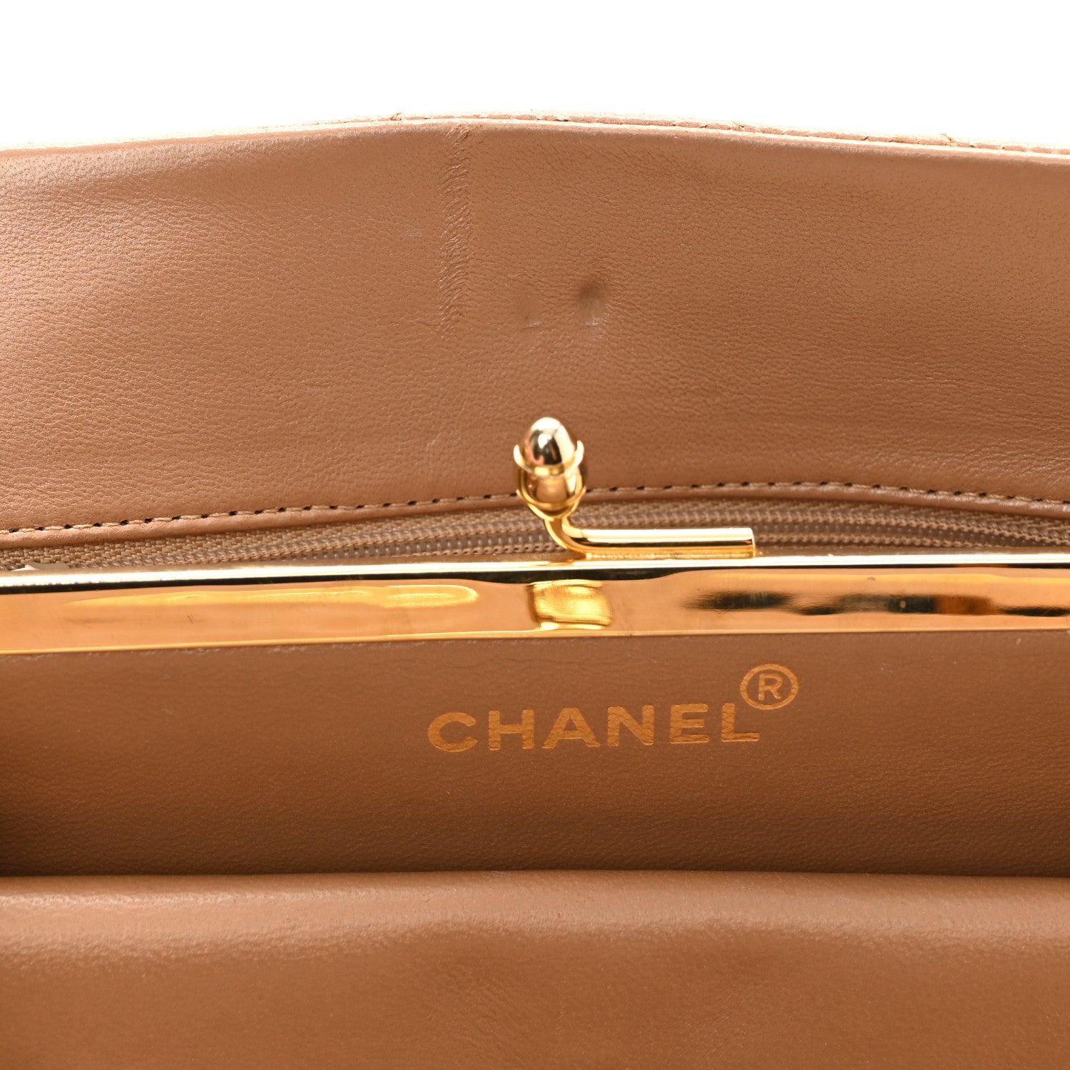 Chanel Lambskin Chevron Quilted Kiss Lock Shoulder Bag Beige 12 of 12