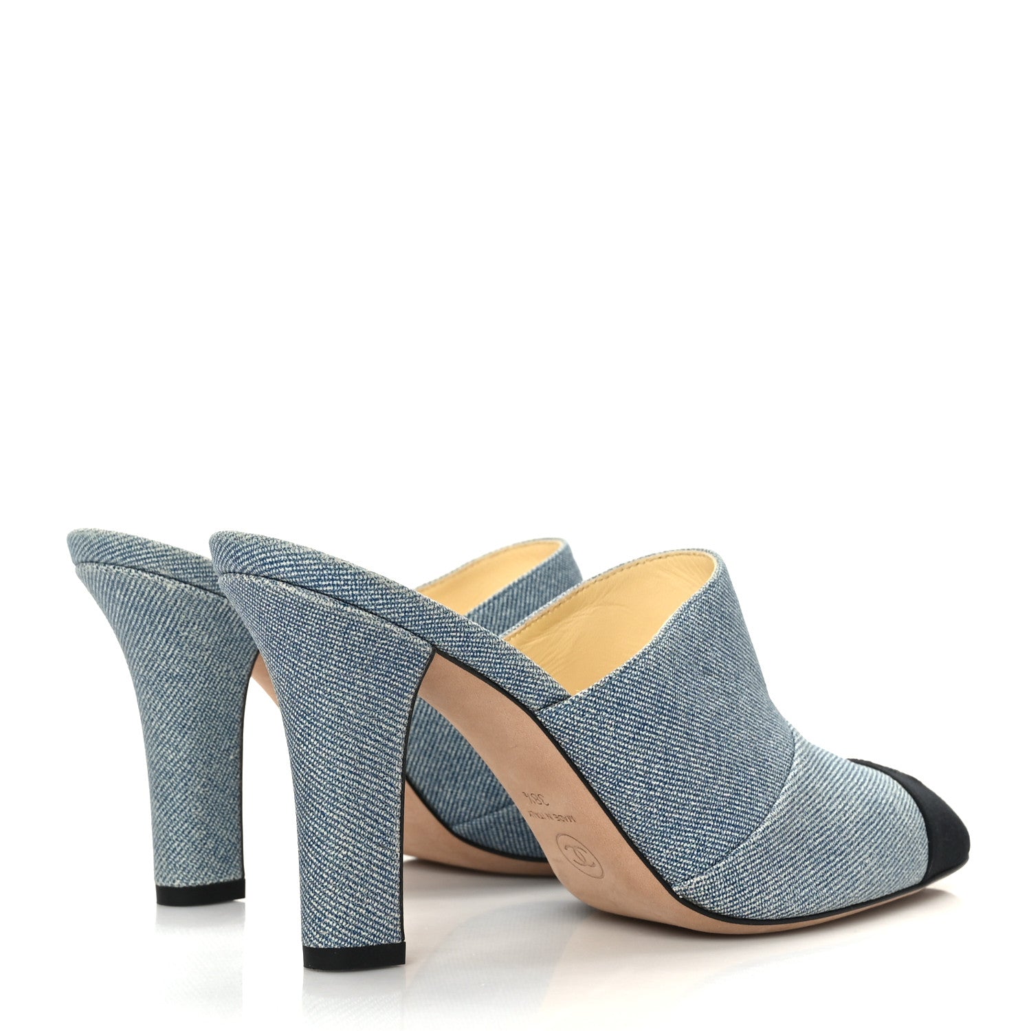 Chanel Printed Lambskin Grosgrain Cap Toe CC Mules 38.5 Blue Black 3 of 8
