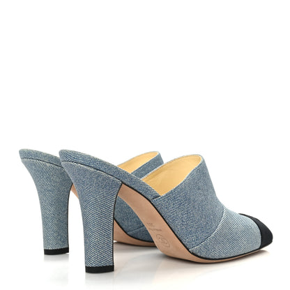 Chanel Printed Lambskin Grosgrain Cap Toe CC Mules 38.5 Blue Black 3 of 8
