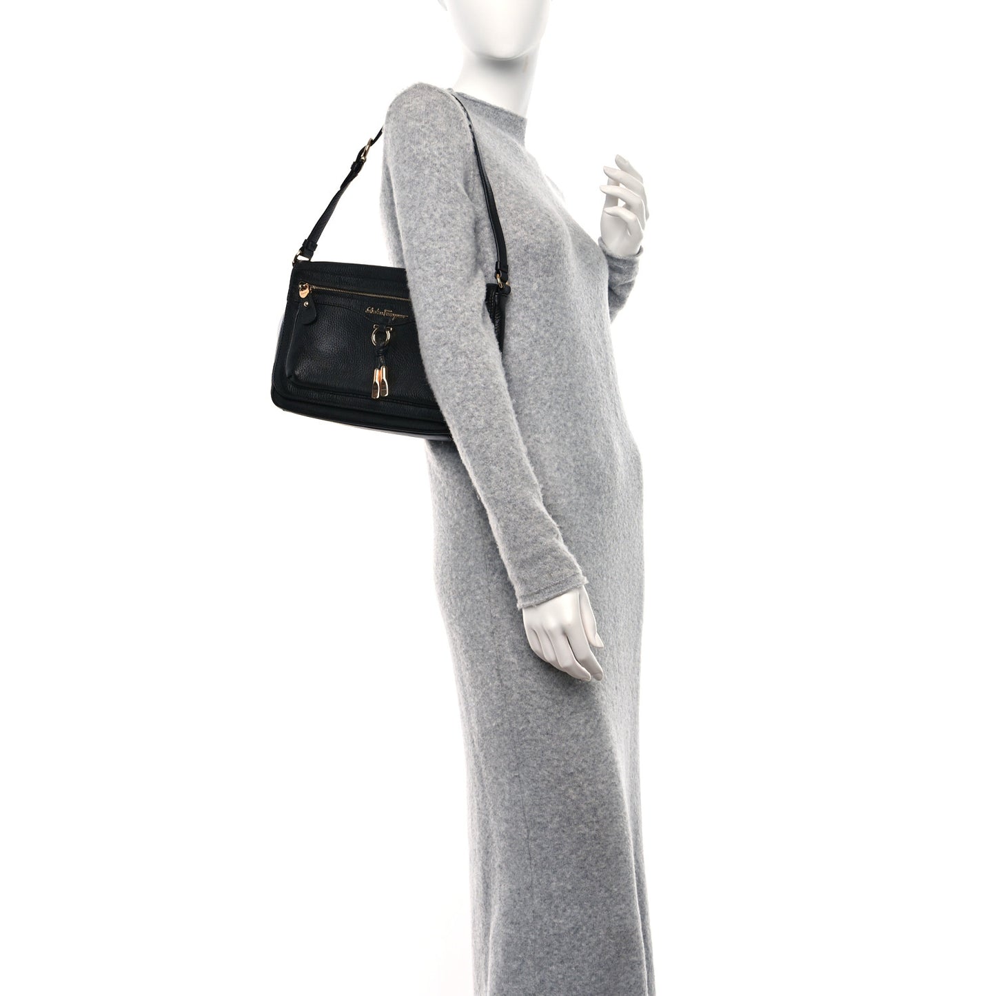 Grained Calfskin Gancio Shoulder Bag Black