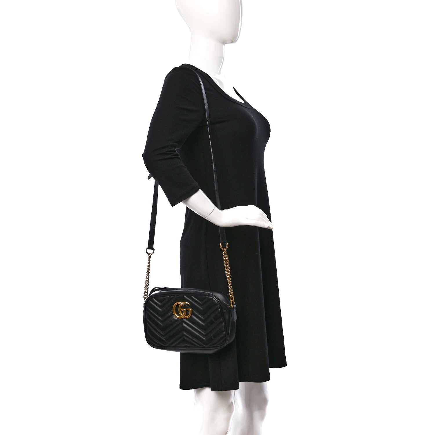 Gucci Calfskin Matelasse Small GG Marmont Chain Shoulder Bag Black 2 of 11