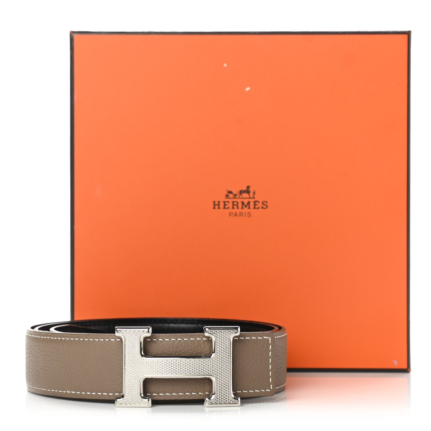 Hermes Box Togo 32mm Guilloche H Belt 90 Black Etoupe 6 of 7