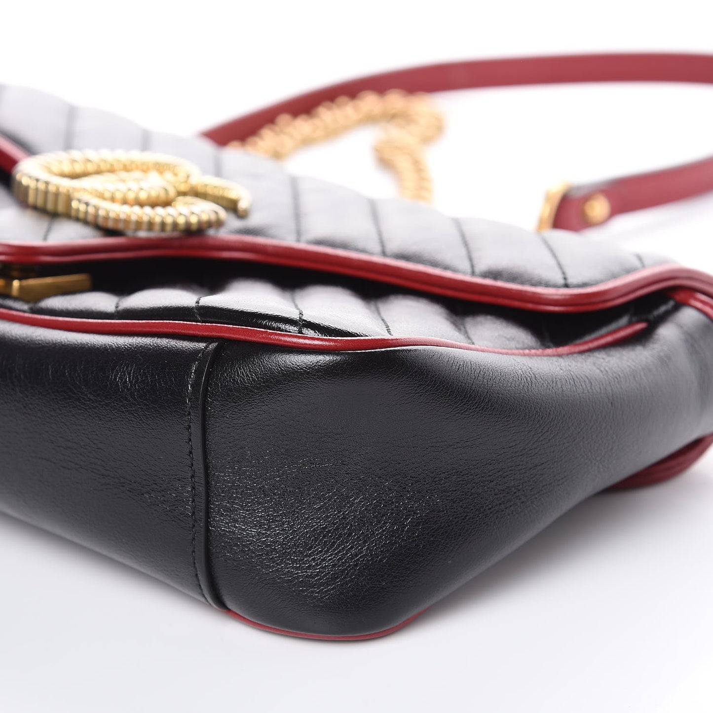 Vintage Effect Calfskin Matelasse Diagonal Small Torchon GG Marmont Shoulder Bag Black Romantic Cherry