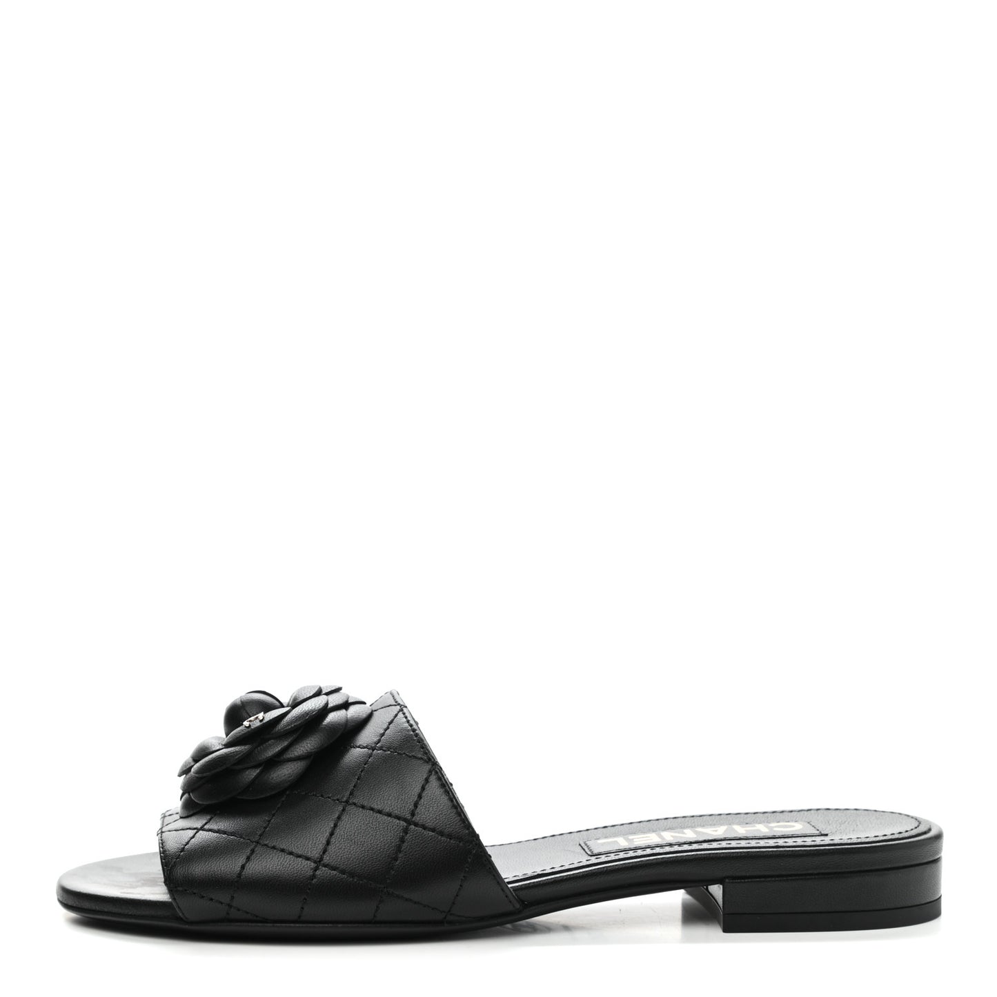 Lambskin Quilted Camellia CC Slides 37 Black