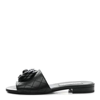 Chanel Lambskin Quilted Camellia CC Slides 37 Black 1 of 9