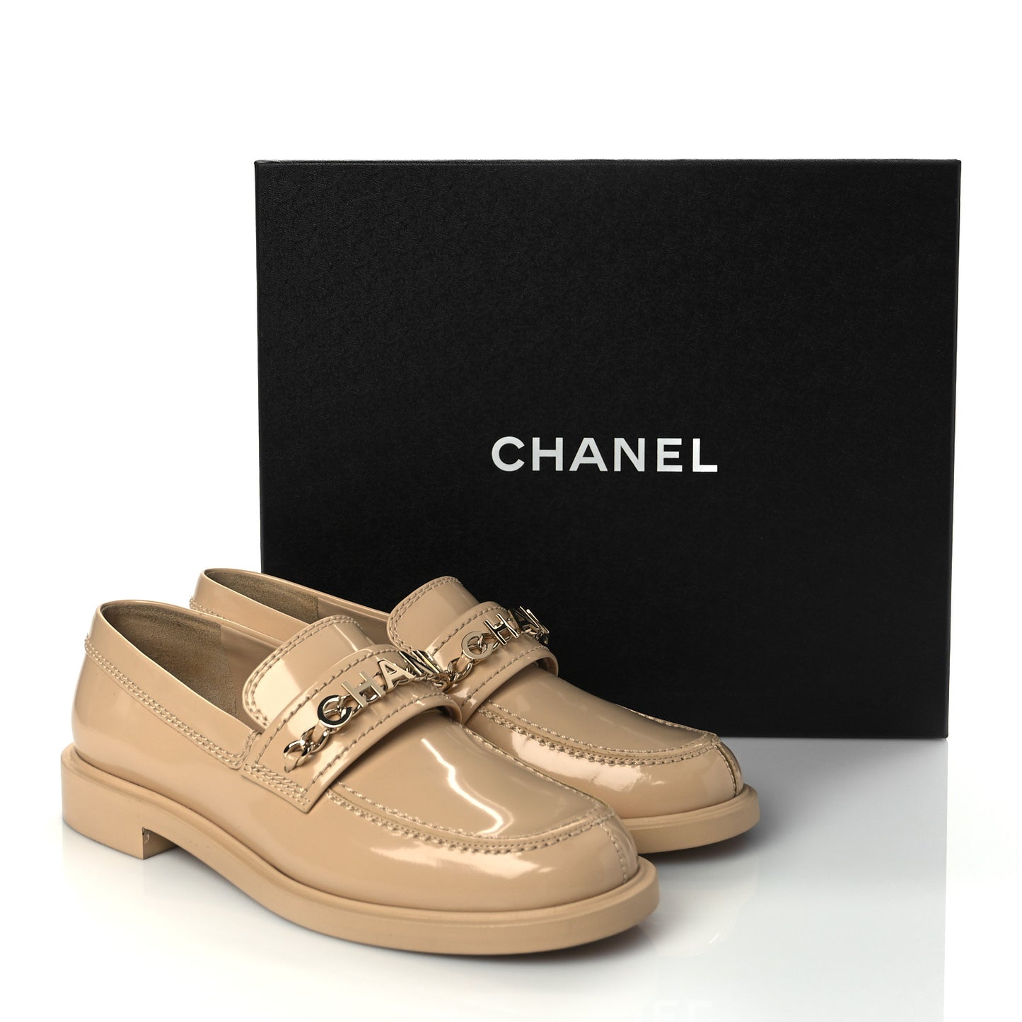Shiny Calfskin Logo Loafers 37.5 Beige