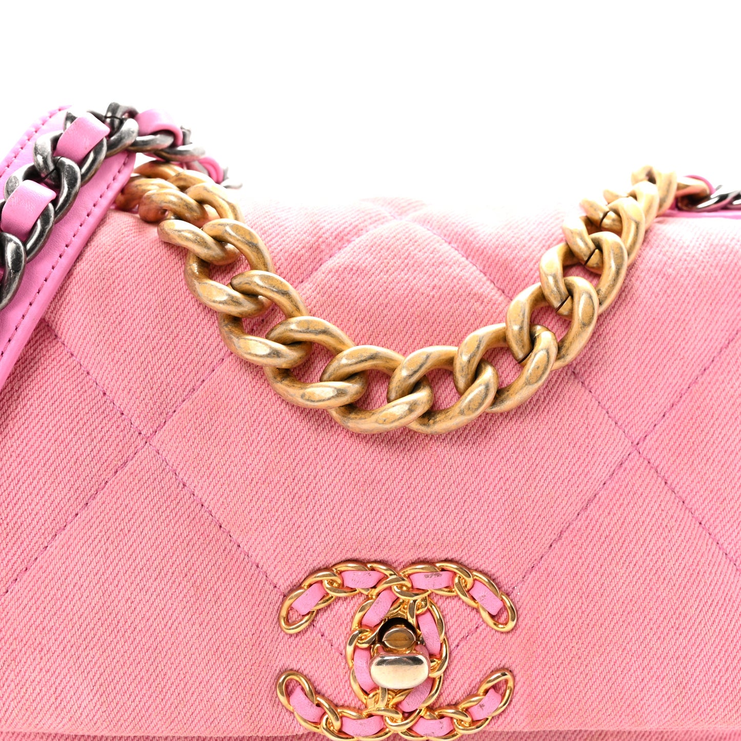 Denim Quilted Medium Chanel 19 Flap Neon Pink