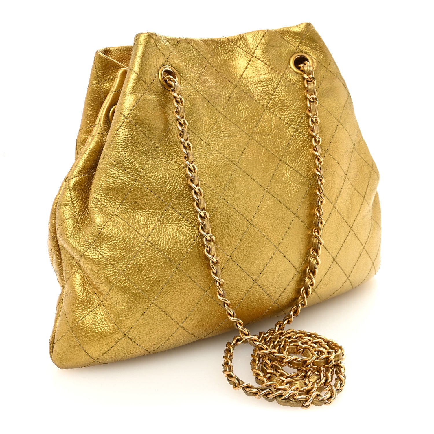 Chanel Metallic Calfskin Quilted Small Drawstring Bag Gold 1863827