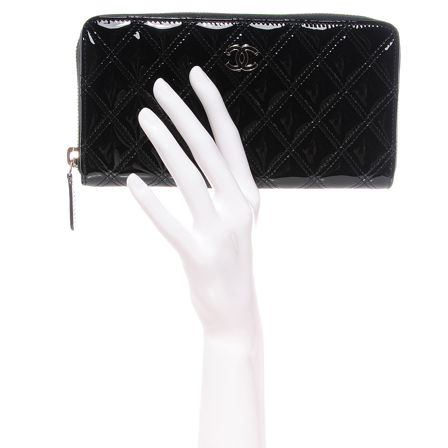 Chanel Patent Quilted Large Gusset Zip Around Wallet Black 2 of 9