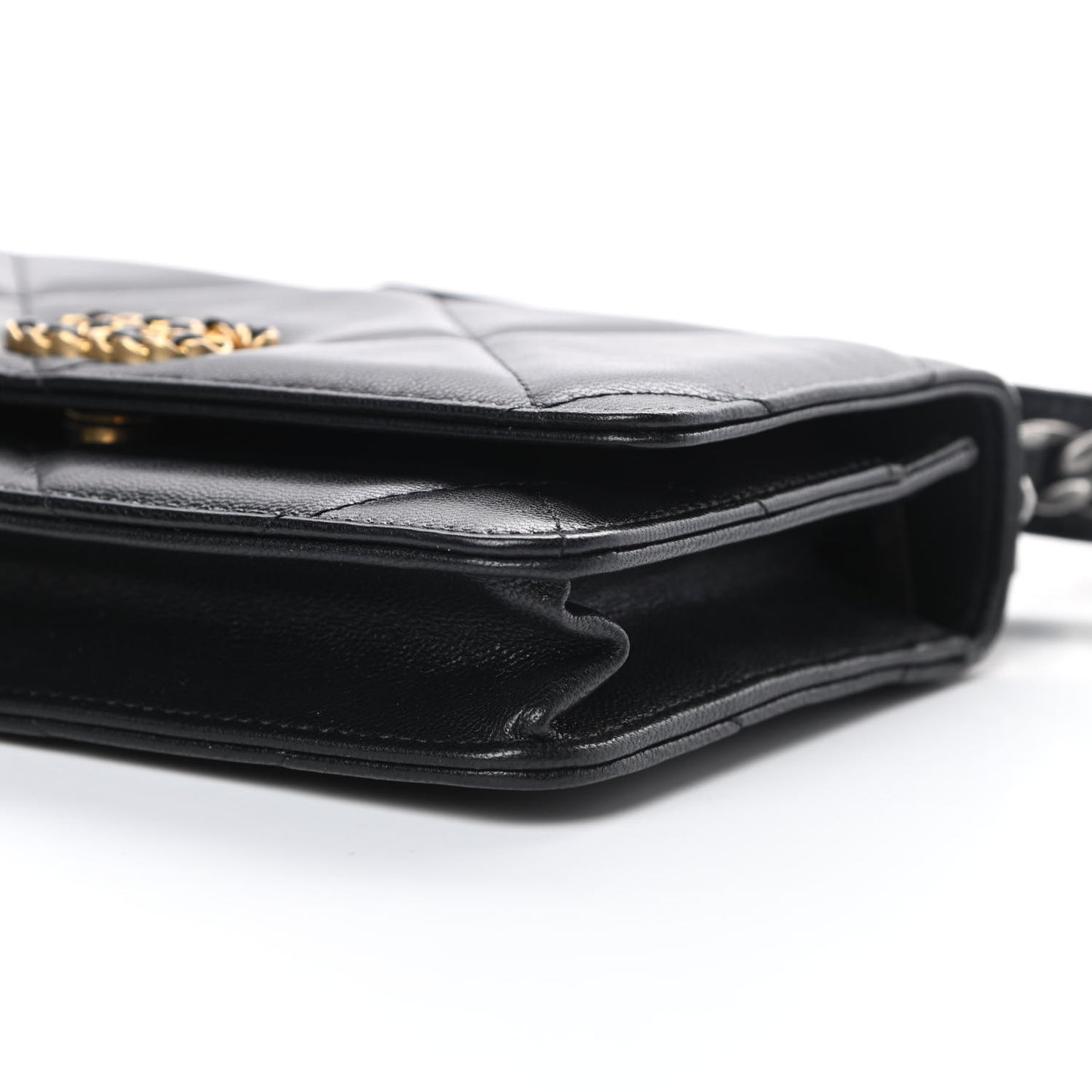 Shiny Goatskin Quilted Chanel 19 Wallet On Chain WOC Black