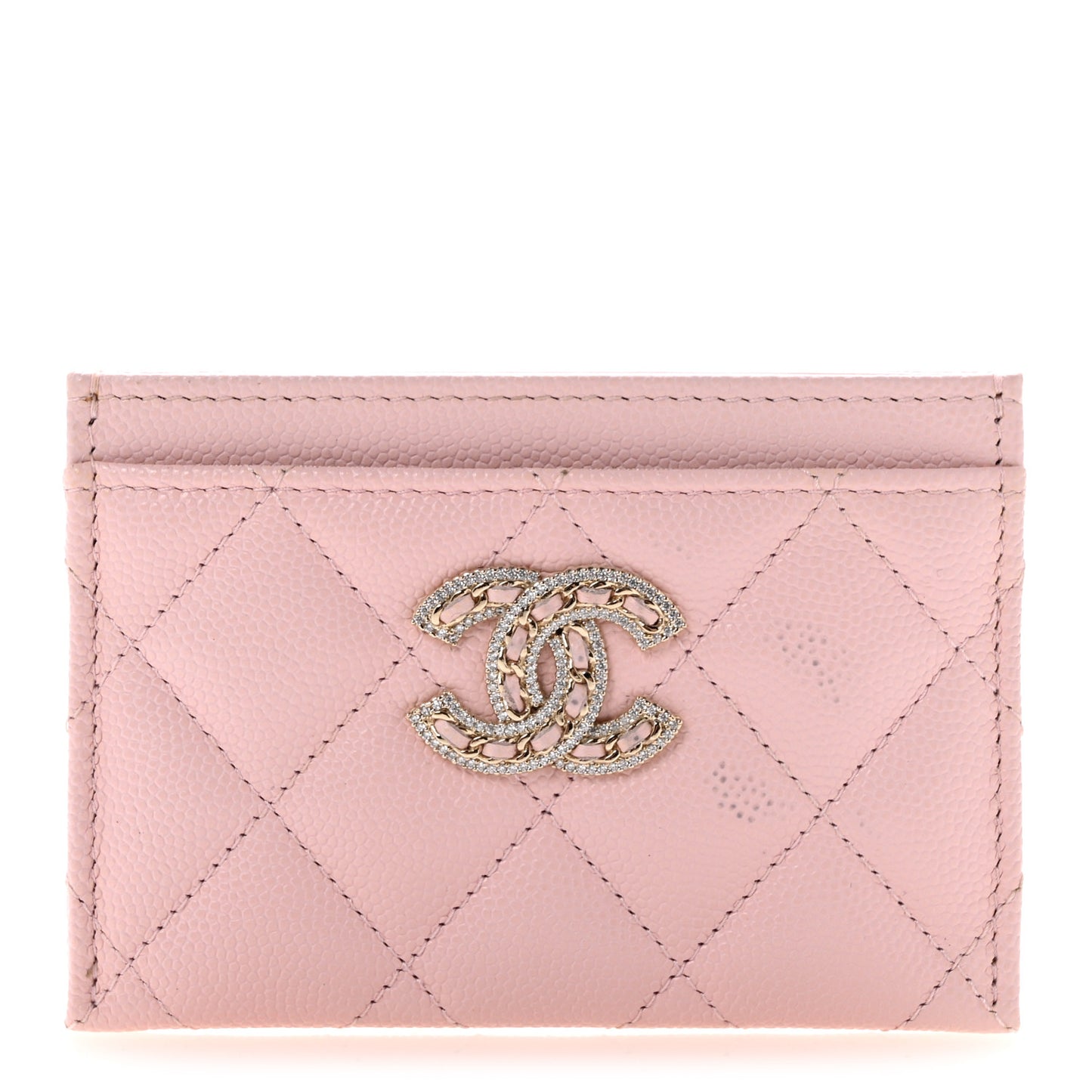 Caviar Quilted Crystal Card Holder Pink