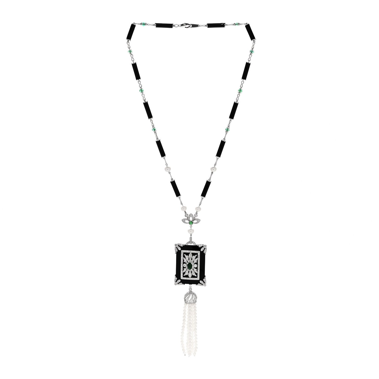 Parker & West by FASHIONPHILE 18K White Gold Diamond Emerald Black Onyx Cultured Pearl 1.45ctw Art Deco Tassel Pendant Necklace 3 of 6