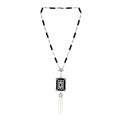 Parker & West by FASHIONPHILE 18K White Gold Diamond Emerald Black Onyx Cultured Pearl 1.45ctw Art Deco Tassel Pendant Necklace 3 of 6