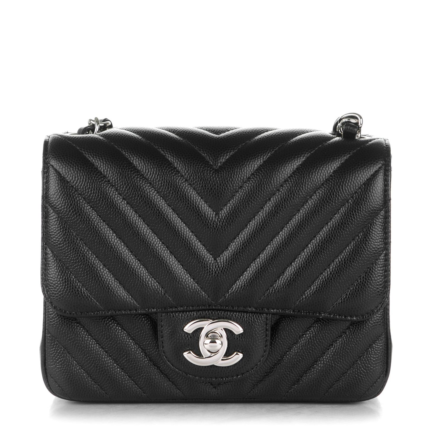 Caviar Chevron Quilted Mini Square Flap Black