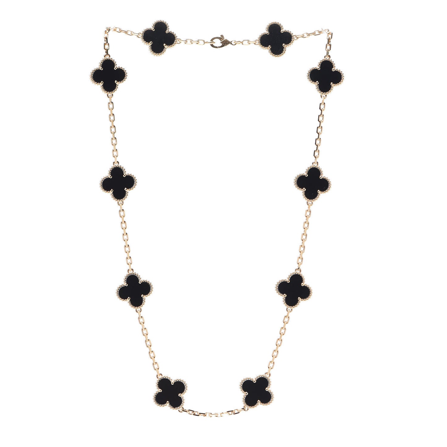 18K Yellow Gold Black Onyx 10 Motifs Vintage Alhambra Necklace